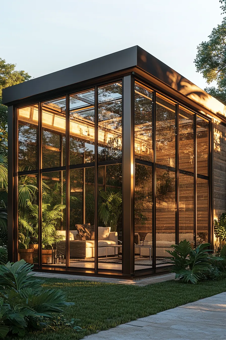 modern glass and steel barndominium exterior with bronze windows reflecting gardens dramatic architectural lighting