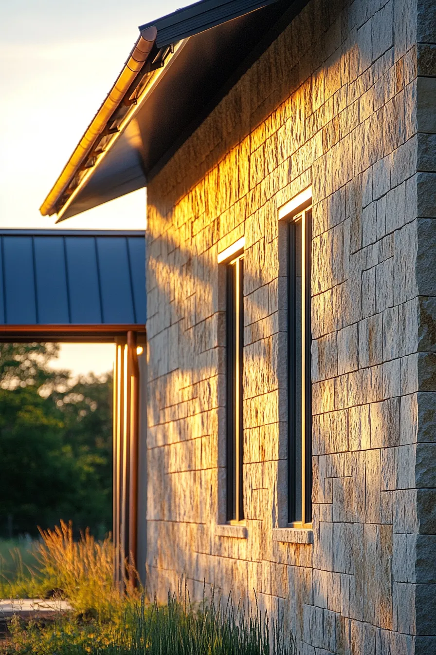 modern industrial barndominium exterior featuring limestone walls and metal siding in golden afternoon light with copper accents
