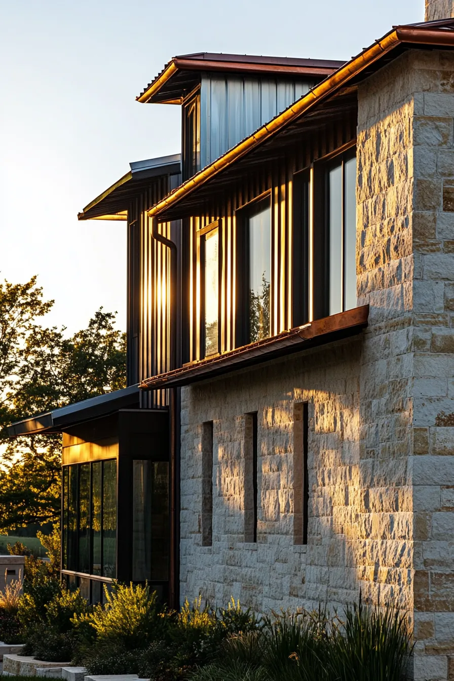contemporary barndominium exterior with dramatic color scheme and stone facade illuminated by warm sunlight