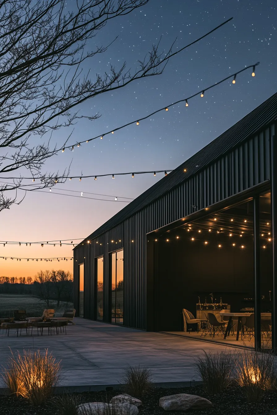 barndominium exterior showing wraparound porch with ambient lighting and mixed materials of stone and metal under night sky