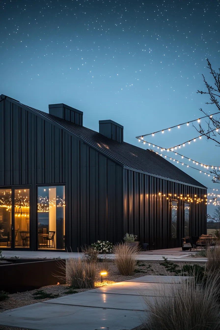 modern black barndominium exterior with metal panels and architectural uplighting against starlit sky featuring string lights and contemporary design elements