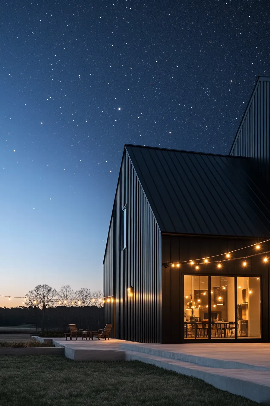 contemporary barndominium showcasing dramatic contrast between black metal exterior and natural wood accents with modern architectural details