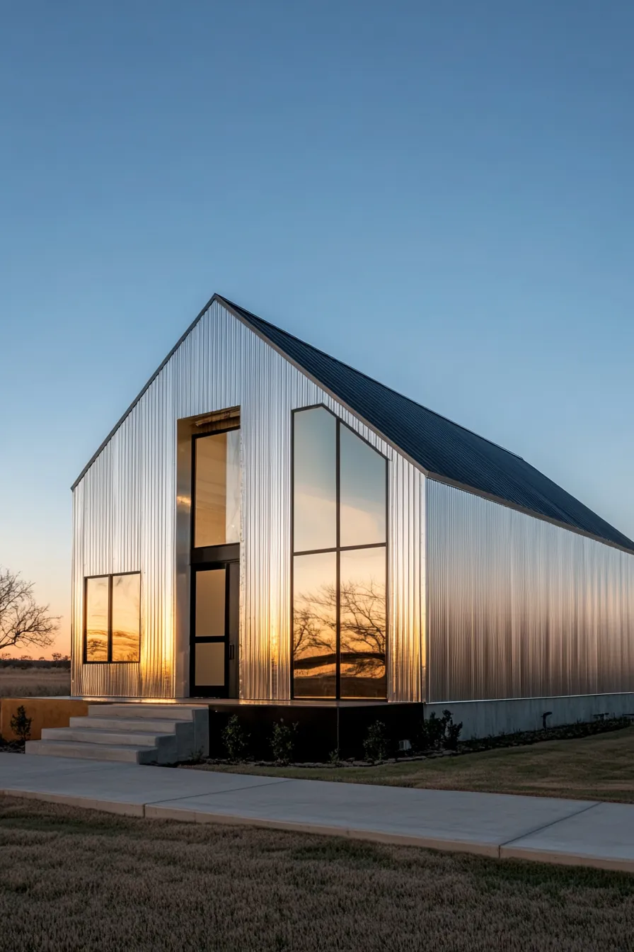 industrial-style barndominium with dark metal exterior large windows and geometric design elements in morning light