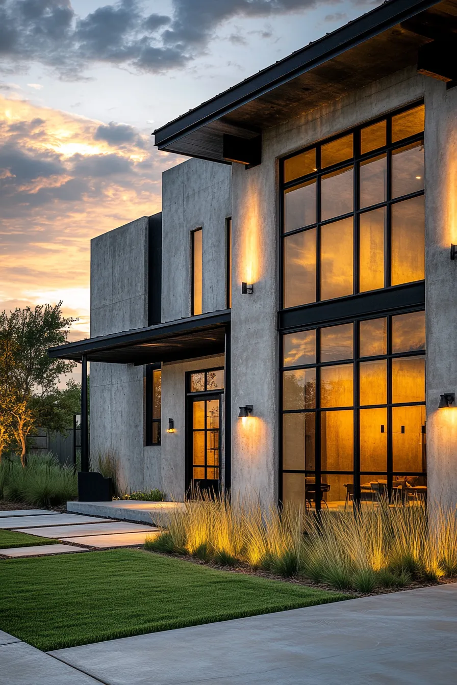 modern industrial barndominium with concrete walls large windows and native landscaping under atmospheric lighting