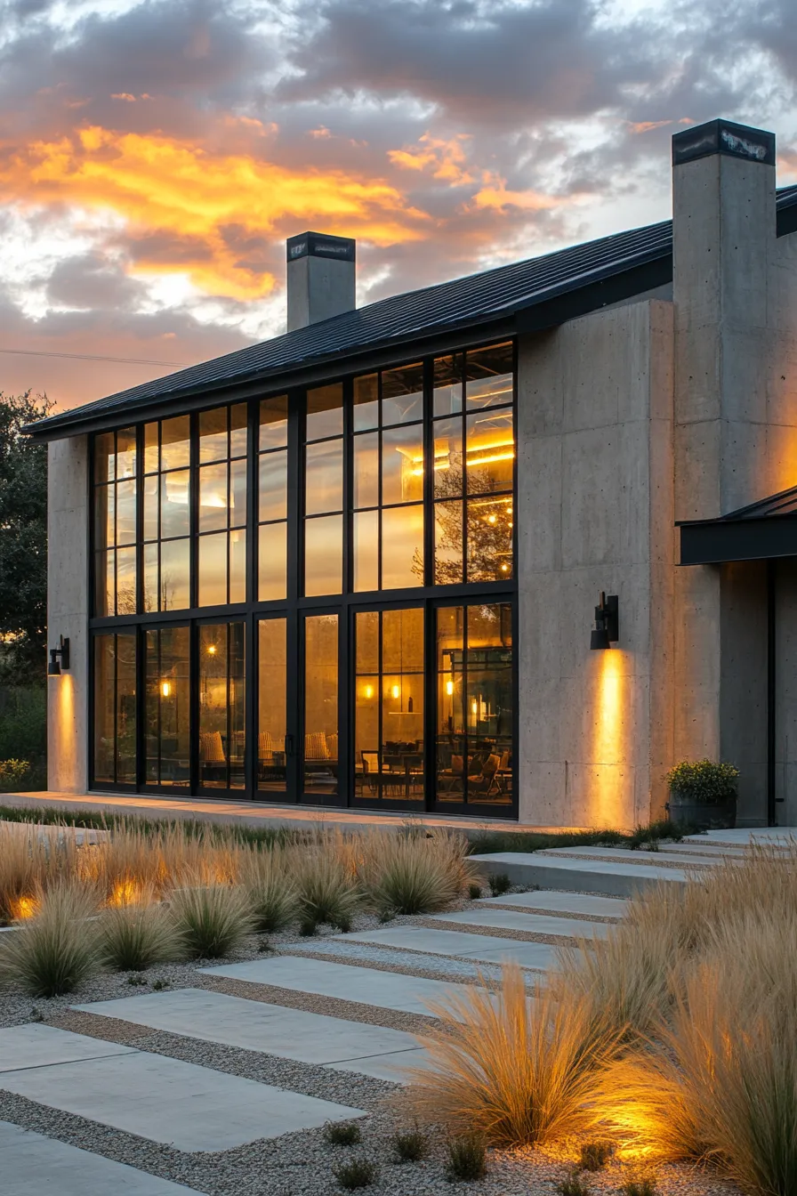 contemporary barndominium exterior featuring concrete surfaces metal accents and large windows in sunset lighting