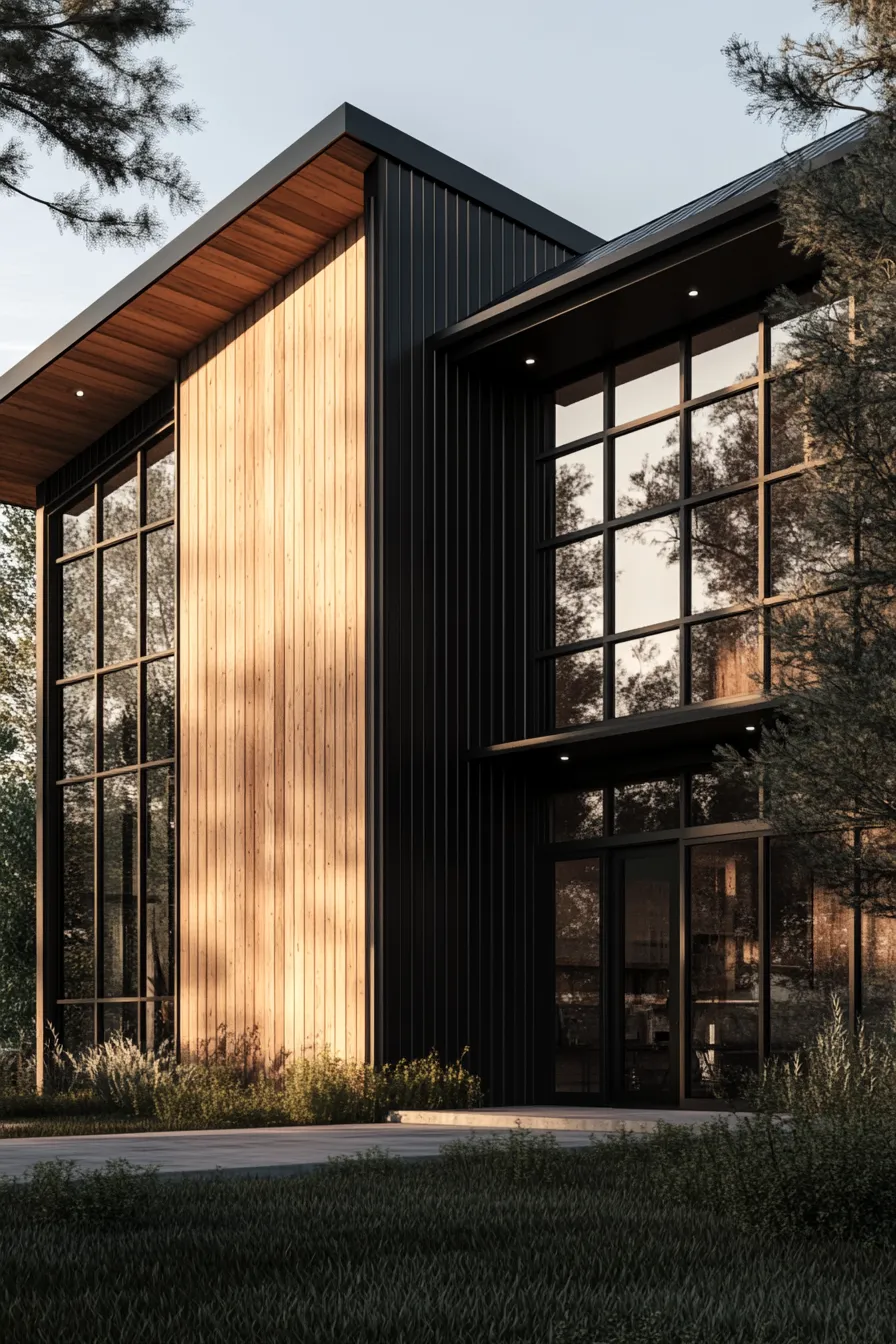 contemporary rural barndominium featuring vertical wood siding metal panels and large windows in photorealistic style