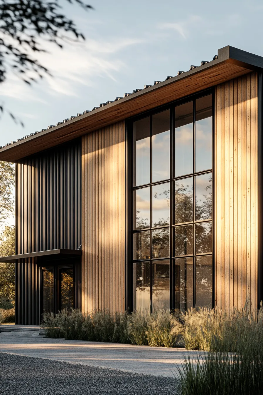 architectural photo of barndominium exterior combining wood siding and metal panels with minimalist roofline design