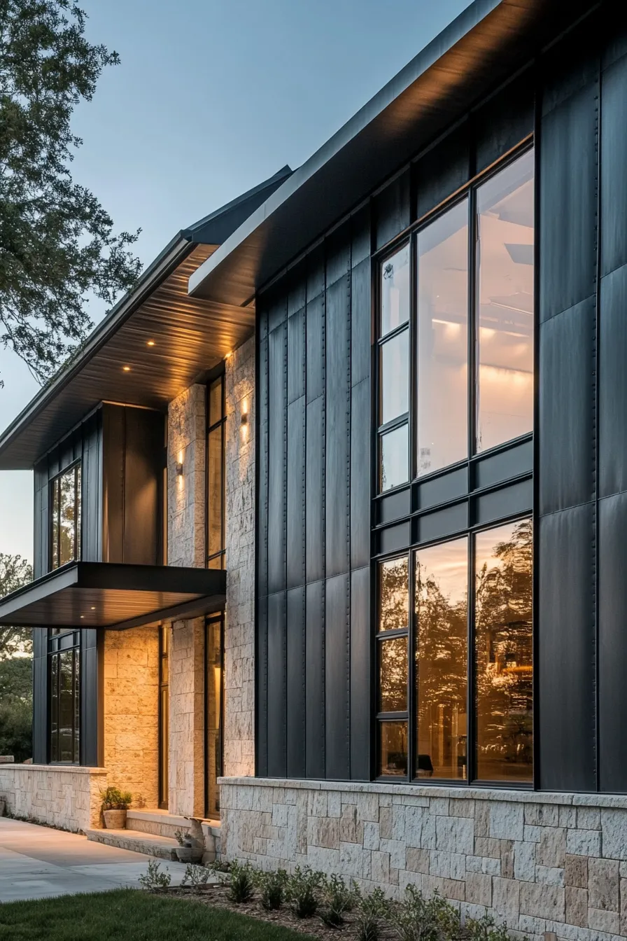 contemporary barndominium exterior with contrasting dark panels and stone foundation under warm sunlight