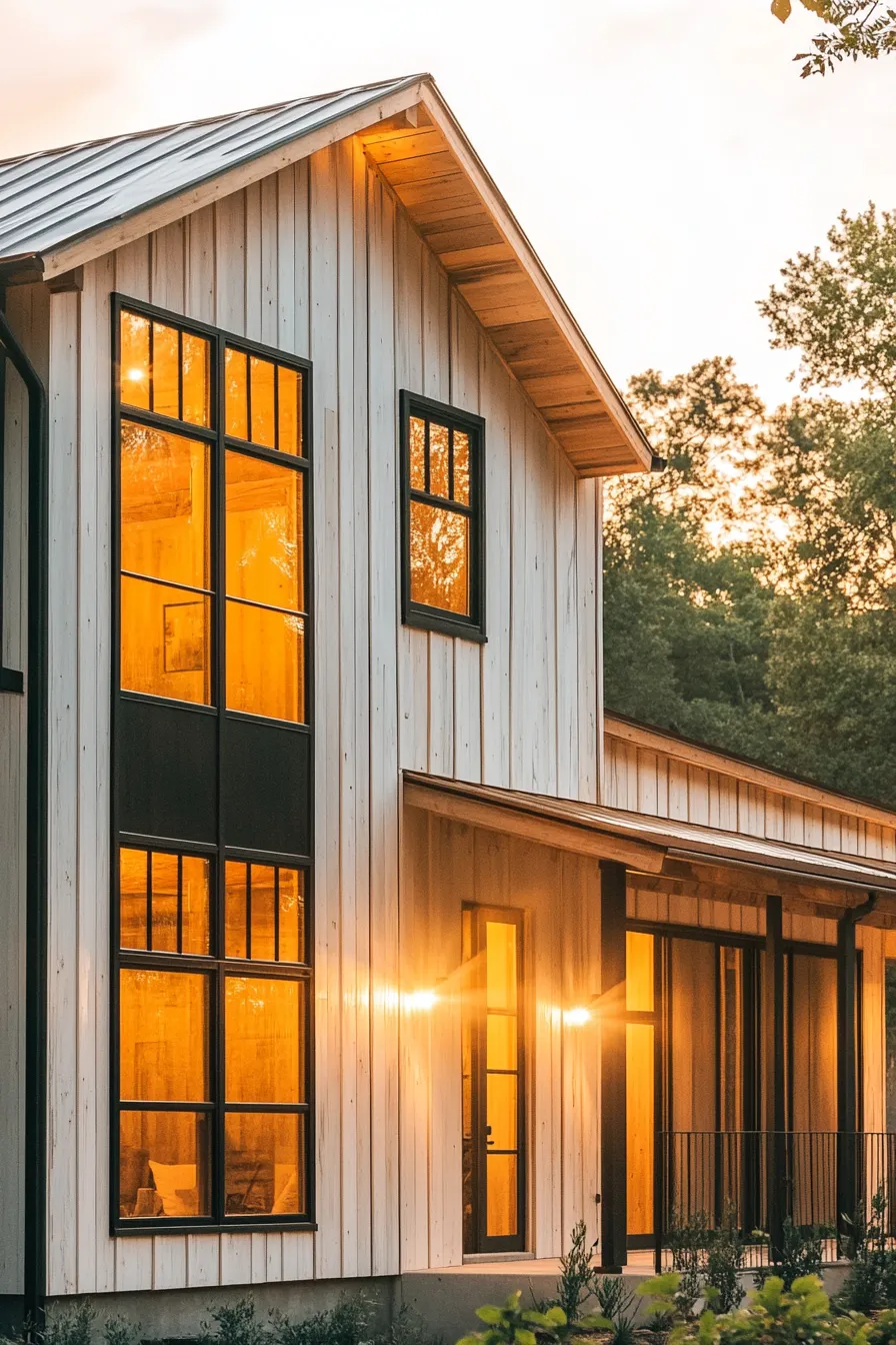 sunlit barndominium exterior with oversized windows and vertical wood cladding creating warm luminous facade
