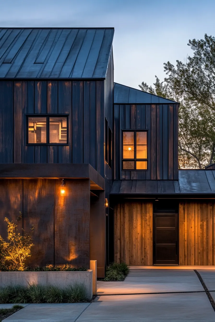 contemporary barndominium exterior showcasing black metal siding and architectural elements with dramatic contrast against stone features