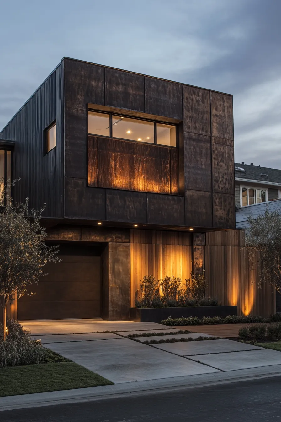 modern barndominium exterior with dark bronze elements and wood siding illuminated by uplighting at twilight creating dramatic shadows