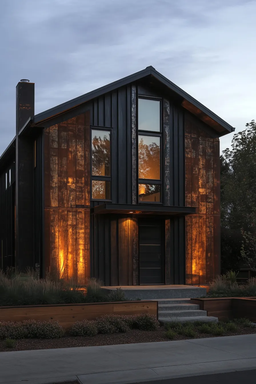 modern barndominium exterior showcasing a harmonious blend of warm woods and metallic finishes under strategic lighting
