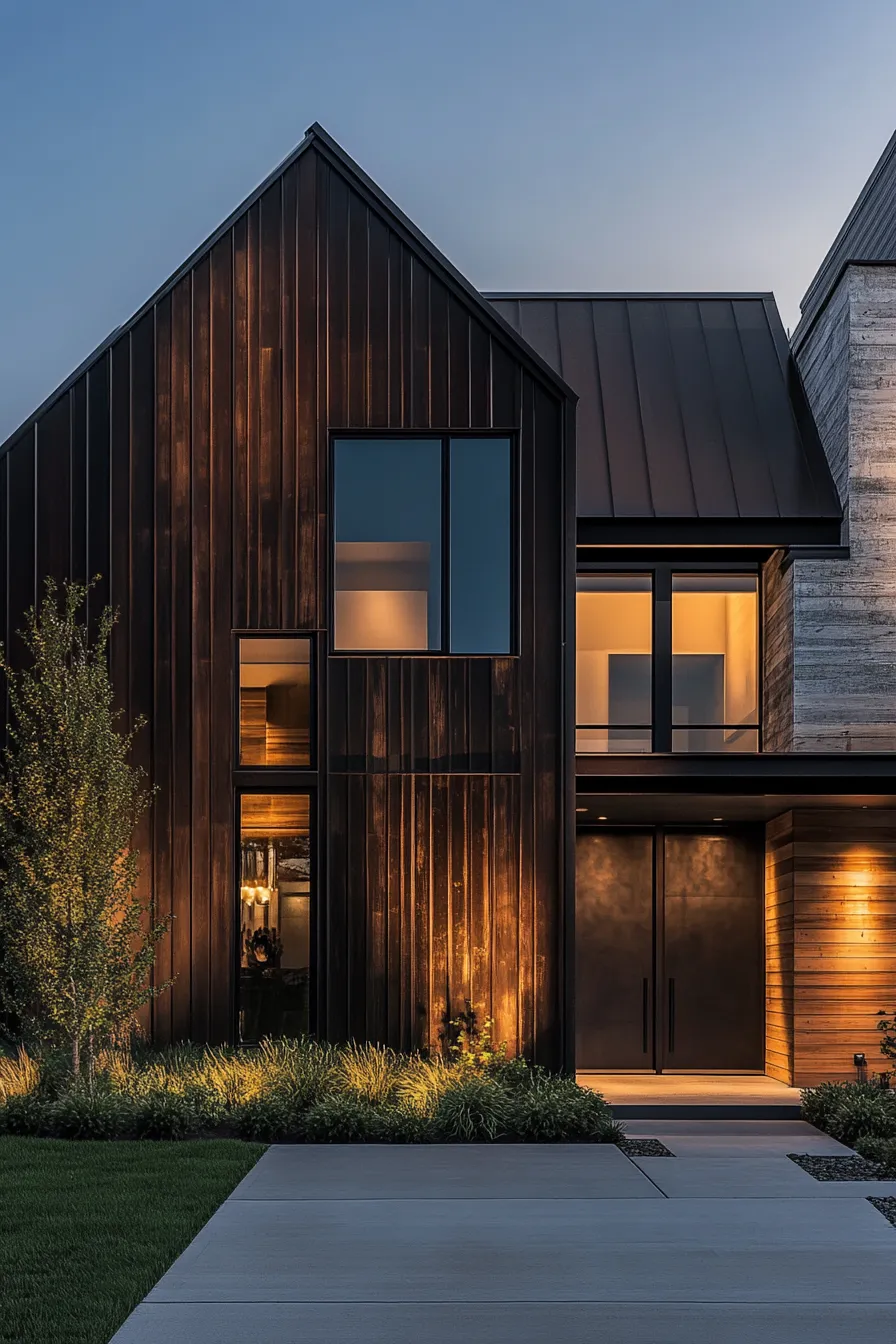 contemporary barndominium facade with bronze hardware and weathered steel panels illuminated dramatically at dusk