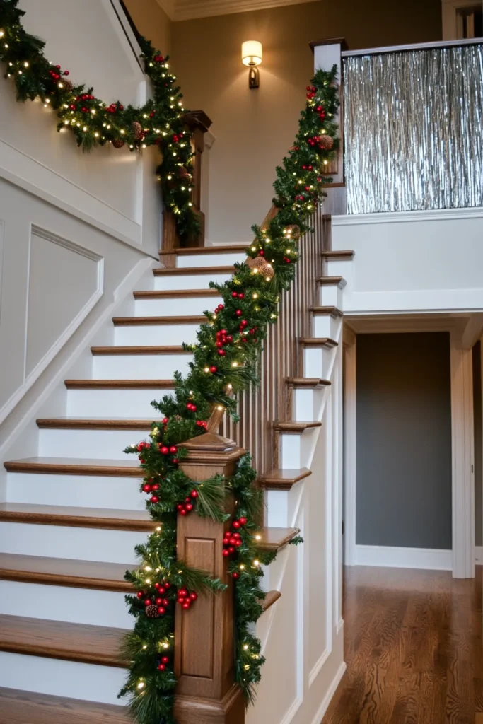 Festive lighting highlighting Christmas garland on traditional and modern staircases