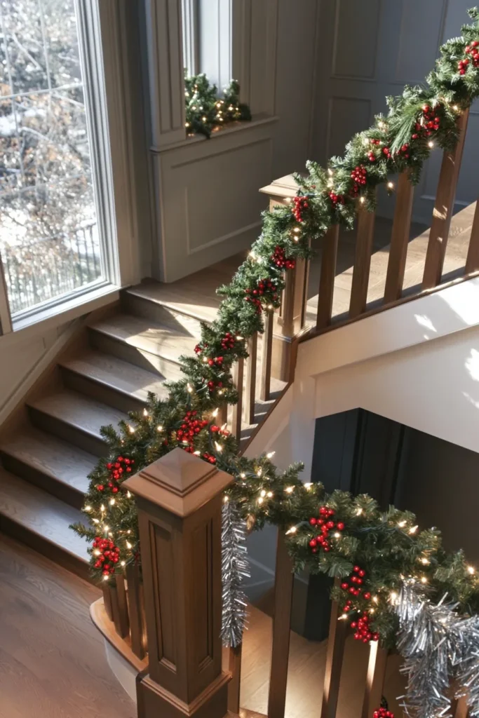 Christmas staircase garland ideas featuring pine with red berries and silver tinsel for diverse decor styles