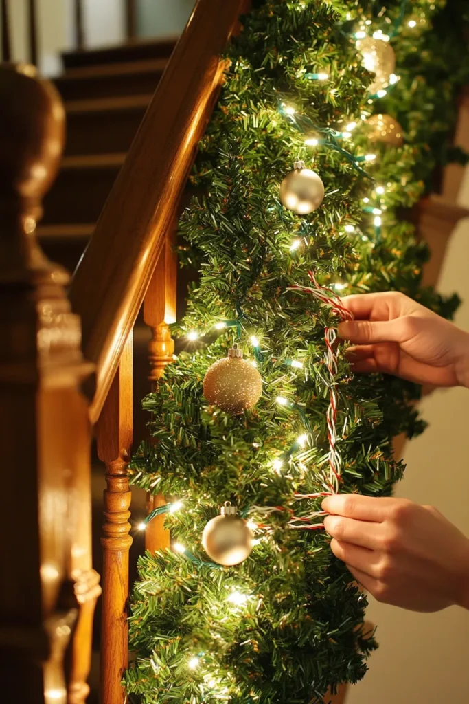 Evergreen garland on staircase with twinkling lights and ornaments