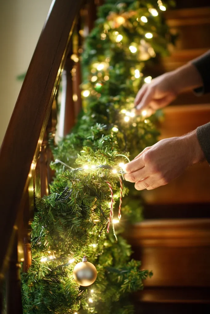 Hands wrapping fairy lights around Christmas garland on staircase