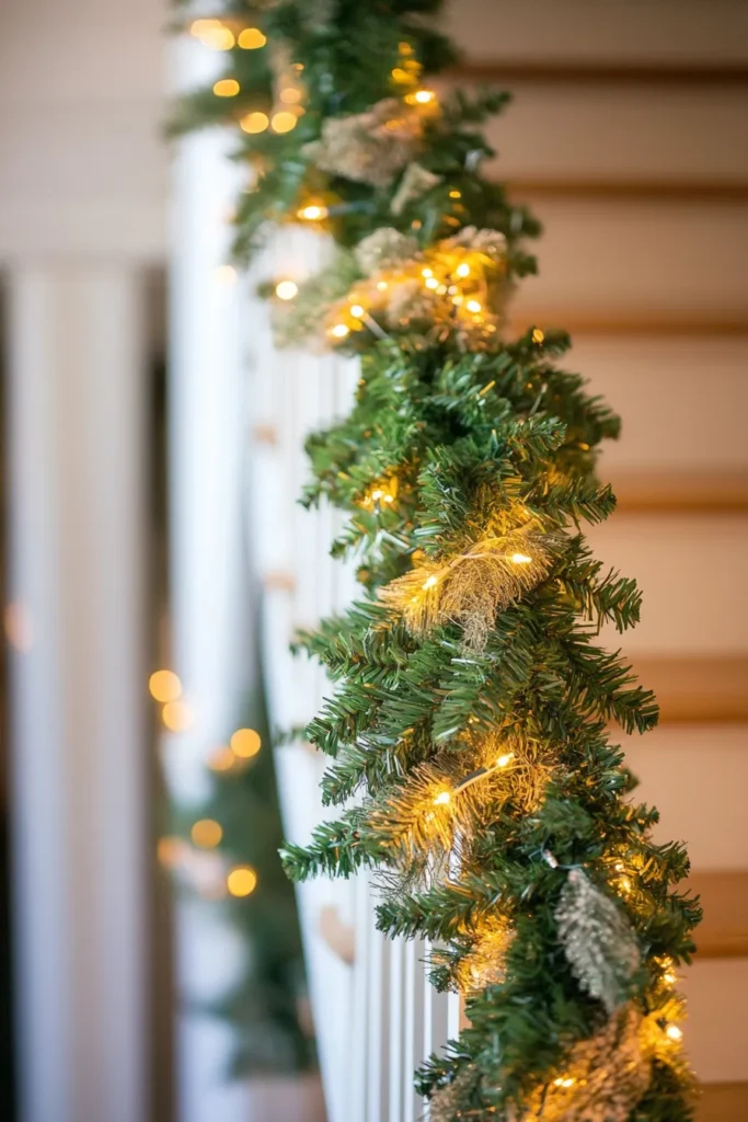 Cozy home interior with securely fastened Christmas garland on staircase