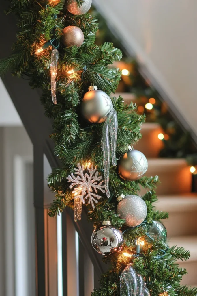 Christmas staircase garland decorated with evergreen branches, lights, and sparkling ornaments