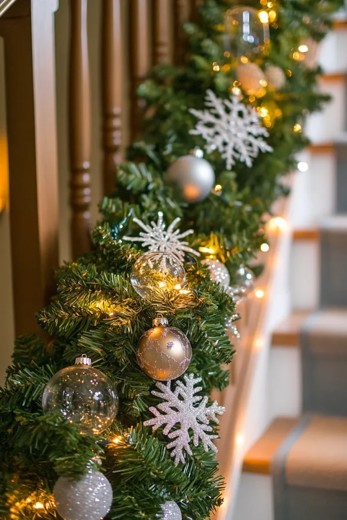 Lush Christmas garland on staircase with lights and ornaments creating dazzling effect