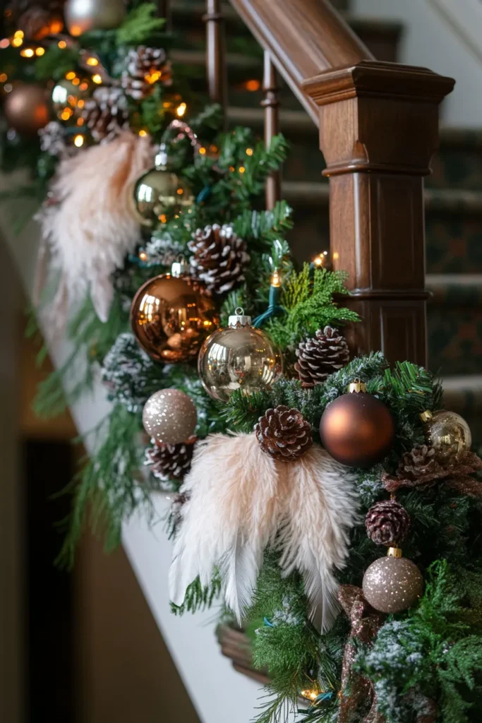 Lush Christmas garland with feathers, pinecones, and glass ornaments on staircase