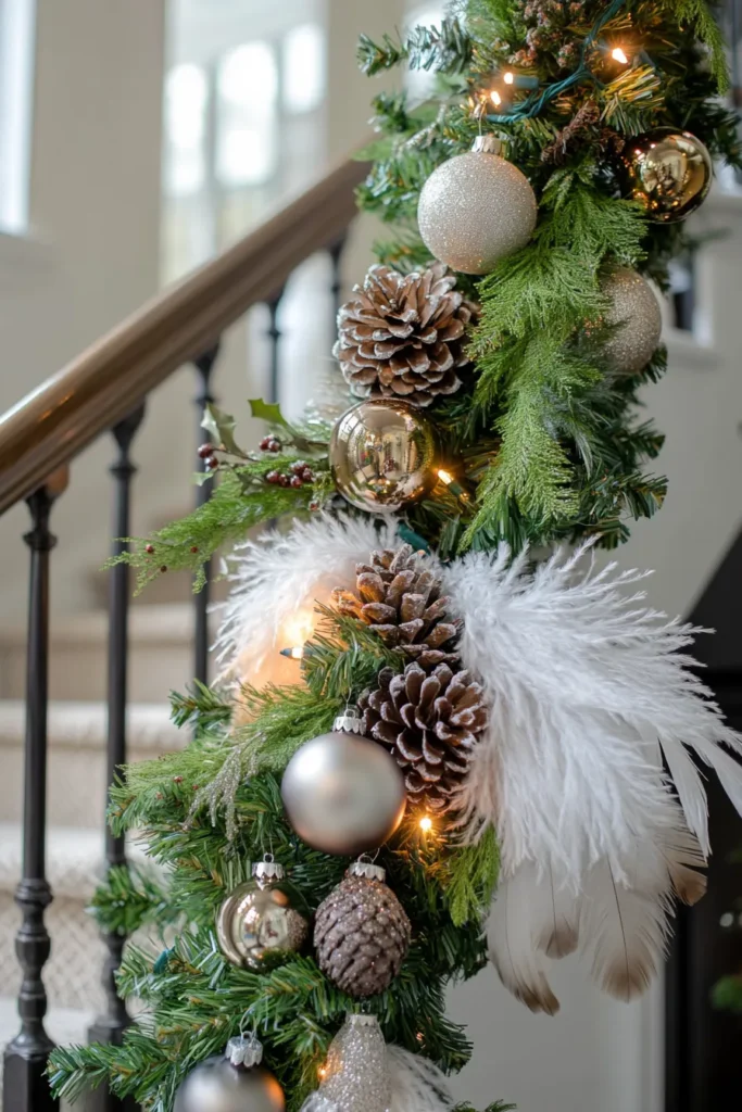 Christmas garland on staircase featuring rustic pinecones, shiny ornaments, and twinkling lights