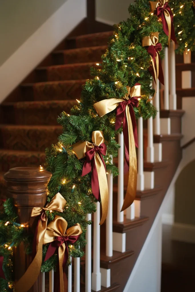 Christmas staircase garland decorated with red and gold ribbons