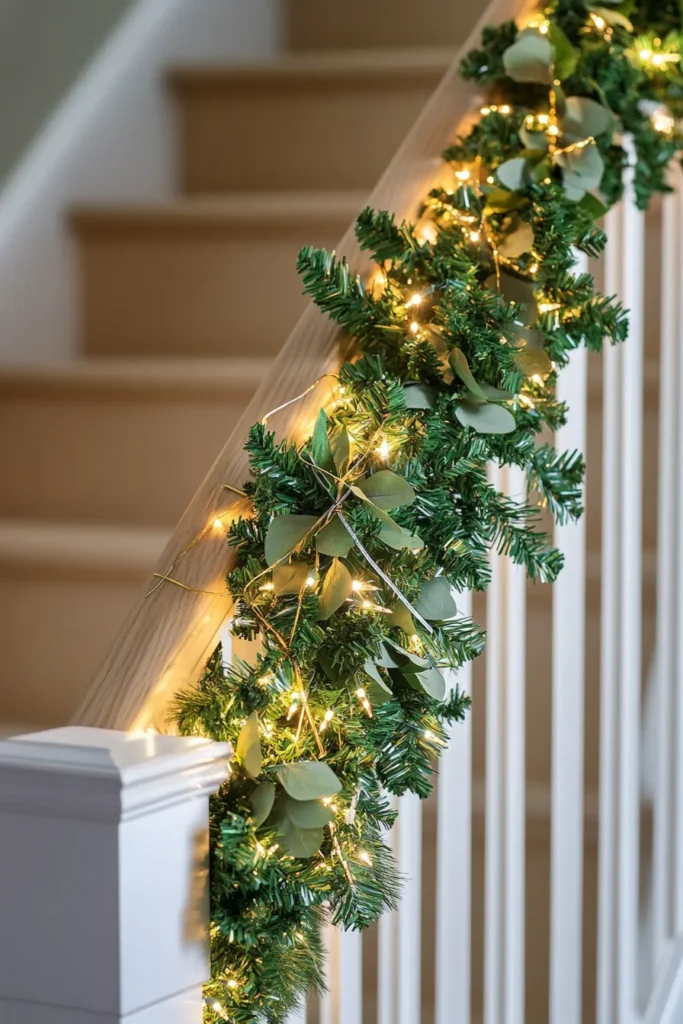 Evergreen garland with golden lights safely attached to stair railing