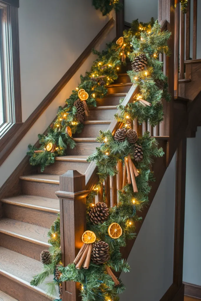 Christmas garland on staircase adorned with pinecones and dried orange slices