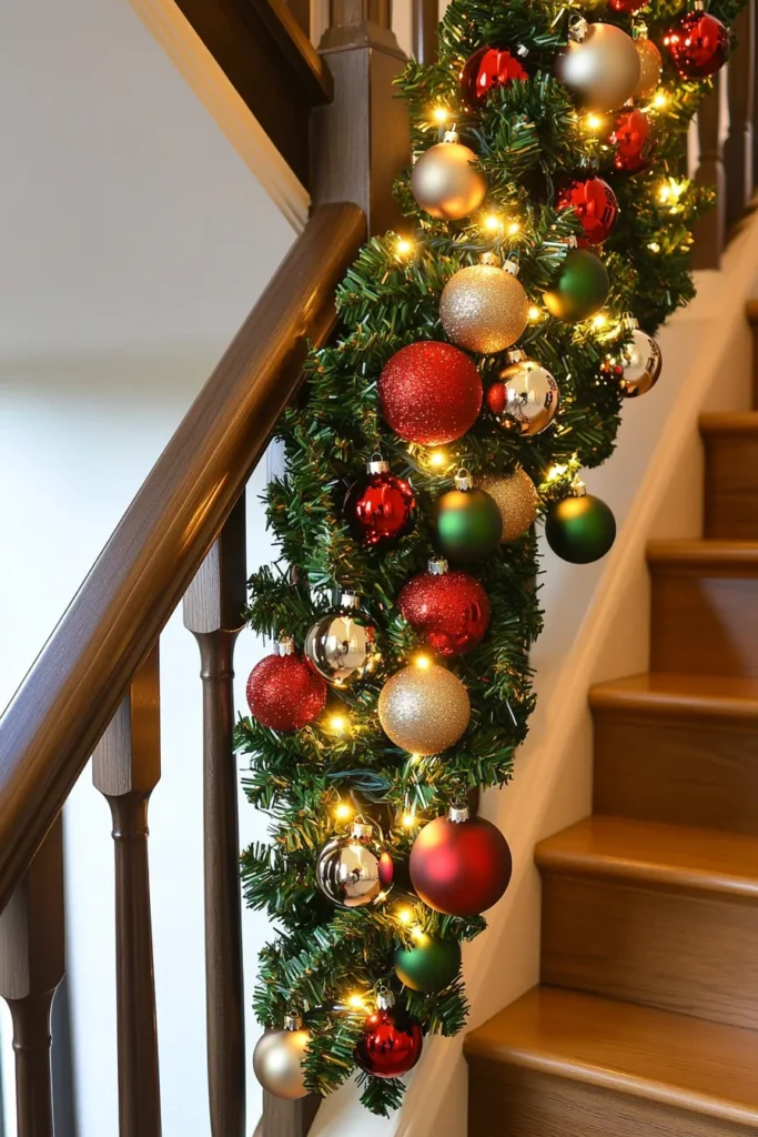 Christmas garland with silver baubles and warm lighting on staircase