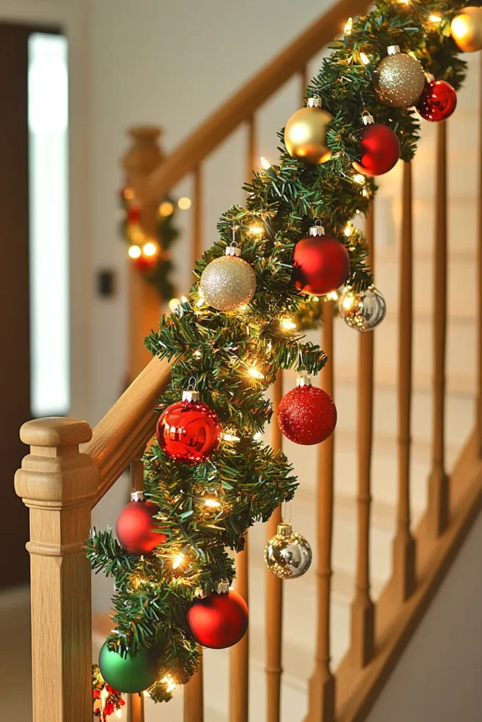 Christmas garland with red and green ornaments and golden lights on staircase