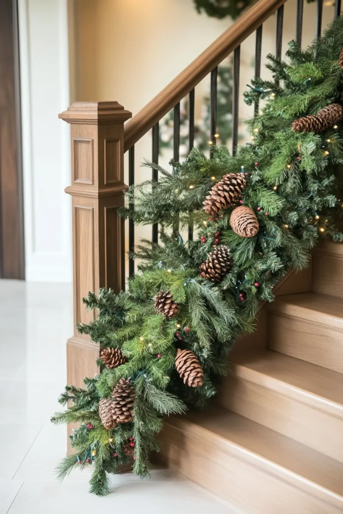 Layered Christmas garland with varied textures and picks on staircase