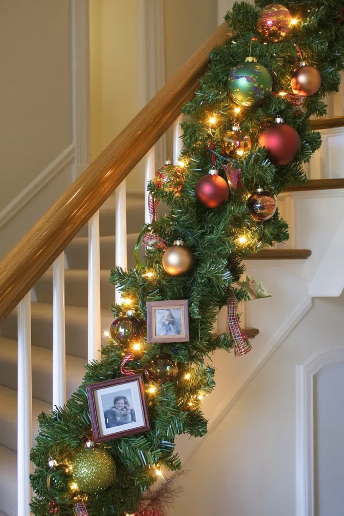 Christmas garland cascading along banister with lights and personalized decorations