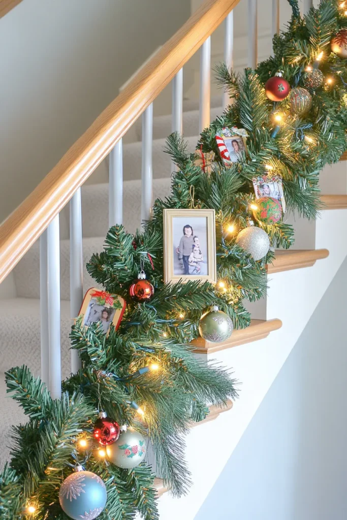 Staircase garland with lush greenery, vintage baubles, and colorful ribbons