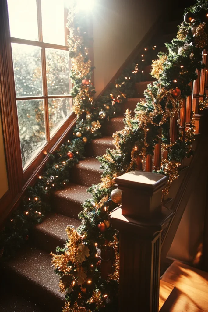 Traditional holiday staircase with rich colors and ambient lighting