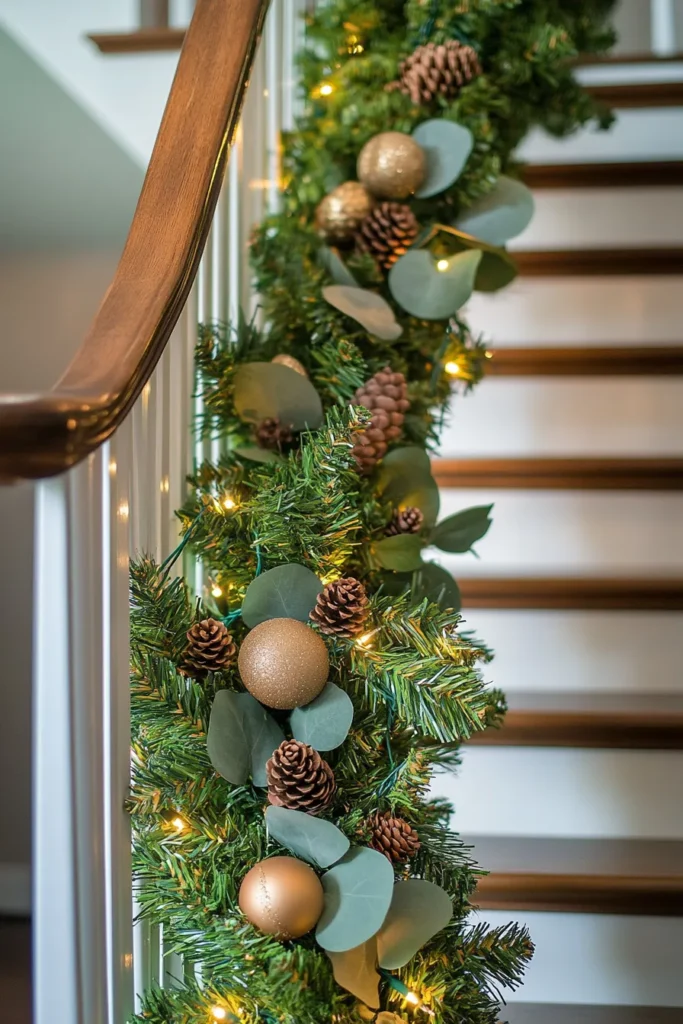 Christmas staircase garland with intertwined artificial and real greenery illuminated by warm lights