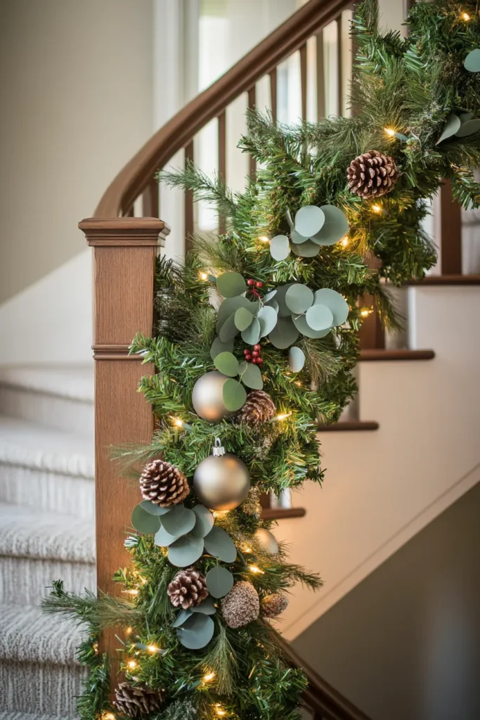 Christmas garland combining artificial and natural greenery with pinecones and ornaments