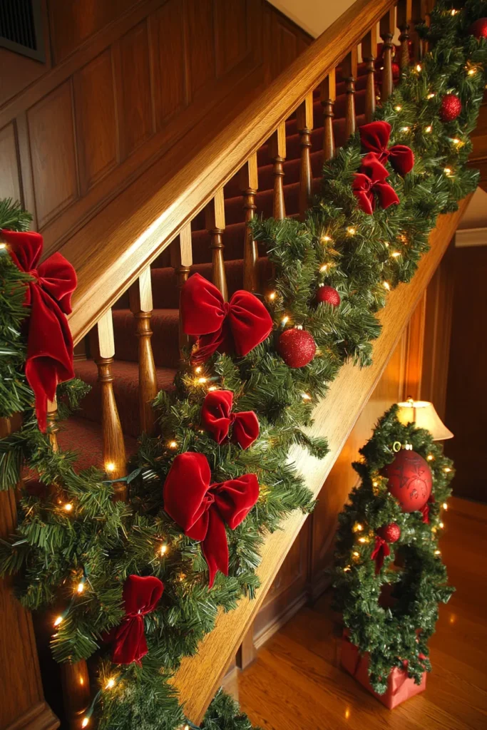 Festive Christmas garland with evergreen boughs and miniature wreaths on staircase