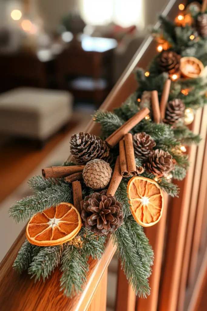 Close-up of Christmas garland with cinnamon sticks, pinecones, and dried oranges
