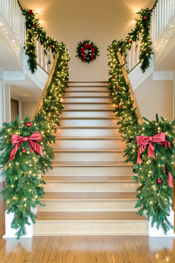Inviting entryway with DIY Christmas garland and red accents