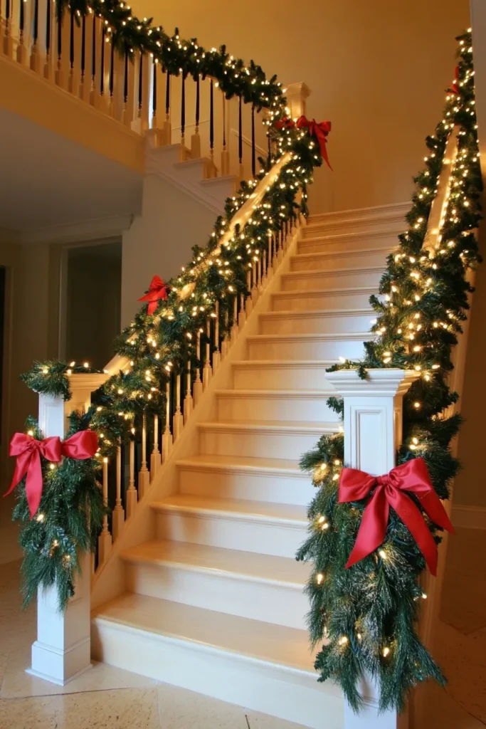 Grand staircase with symmetrical Christmas garlands adorned with lights and red bows