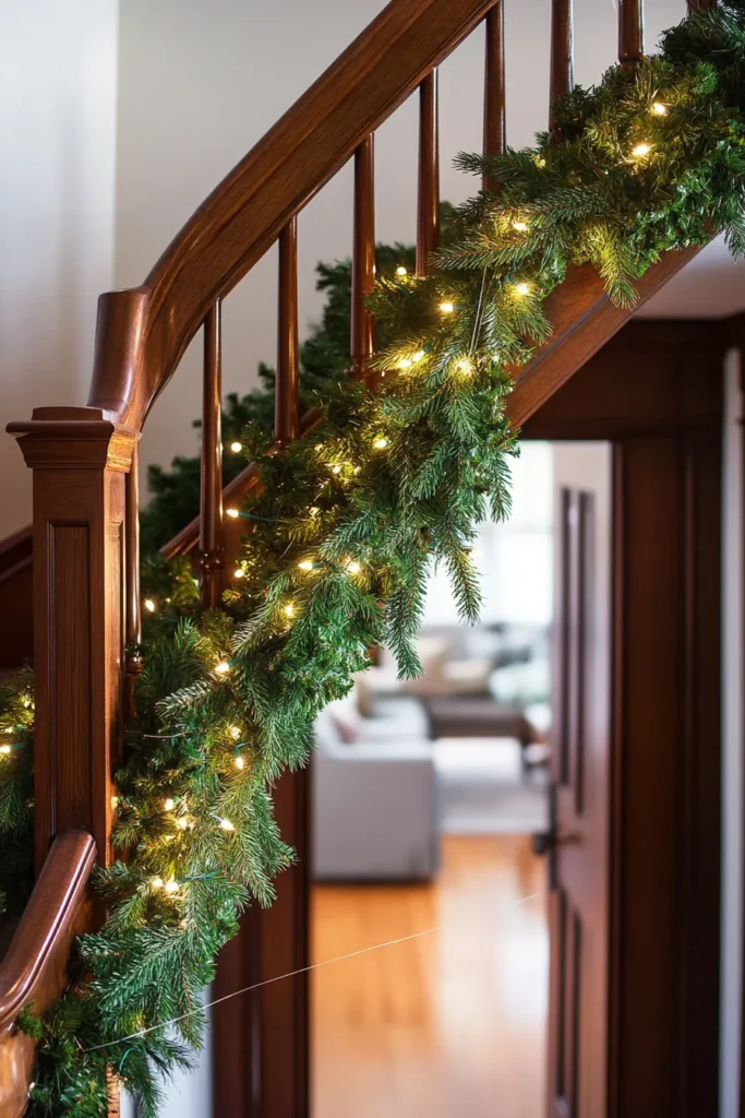 Lush Christmas garland with white lights glowing along wooden banister