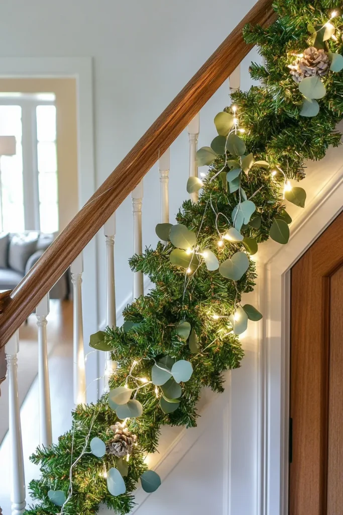 Elegant staircase and doorway framed with festive Christmas garland