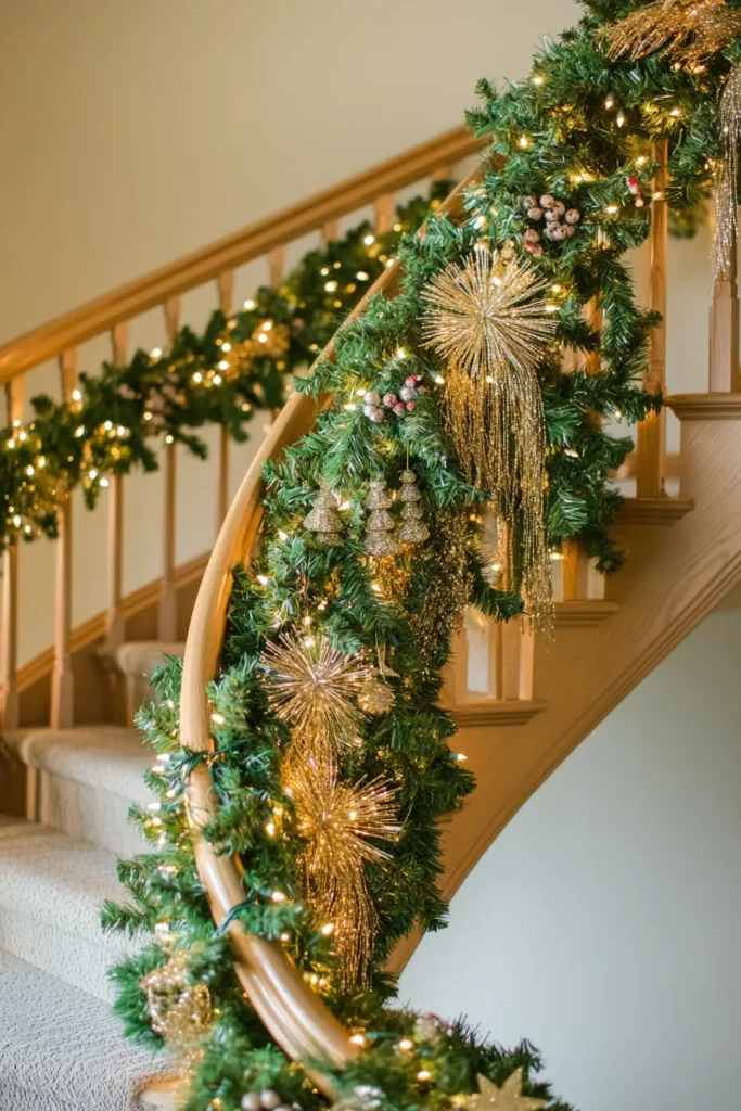 Curved staircase adorned with lush Christmas garland and crystal beads