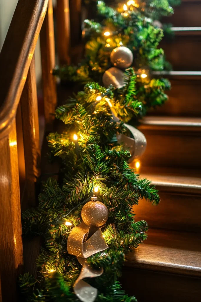 Close-up of Christmas garland with evergreen boughs, ornaments, and ribbons illuminated by warm light