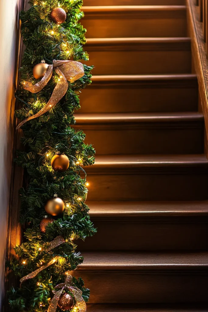 Elegant wooden staircase decorated with lush Christmas garland and twinkling lights