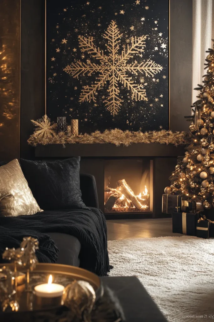 Luxurious living room decorated with black, gold, and silver Christmas accents