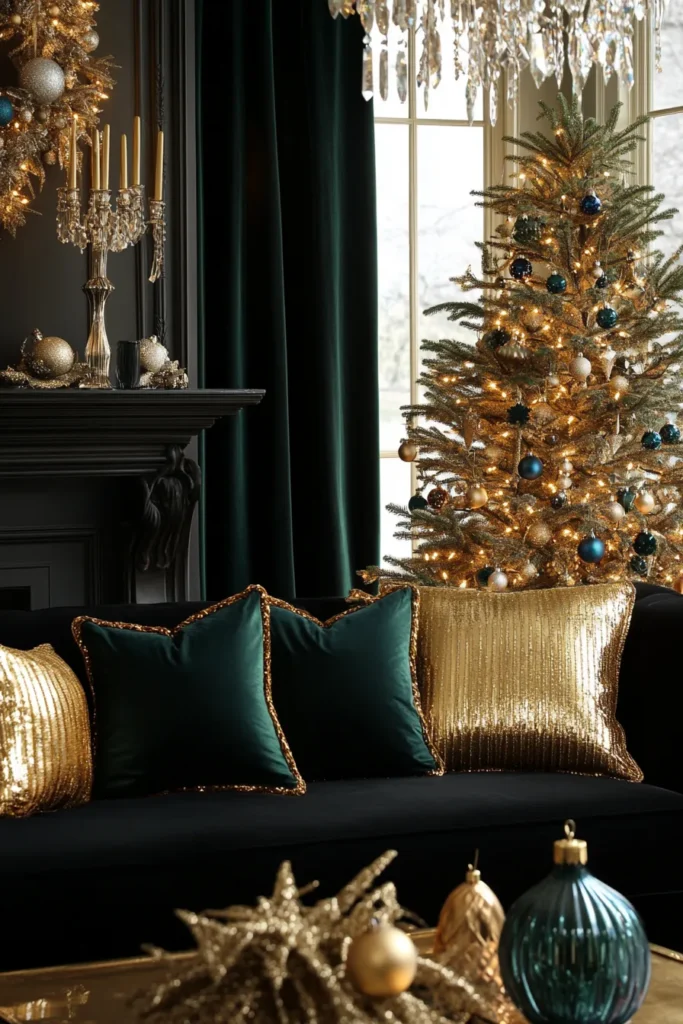 Elegant living room with black and gold Christmas party decor and emerald green accents
