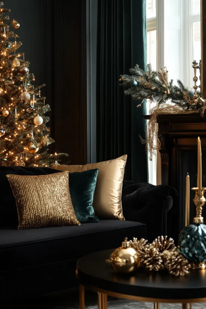 Modern living room featuring emerald green, black, and gold Christmas decor