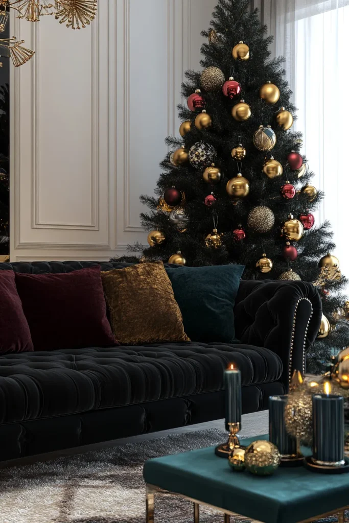 Luxurious black and gold Christmas table decor with emerald green accents